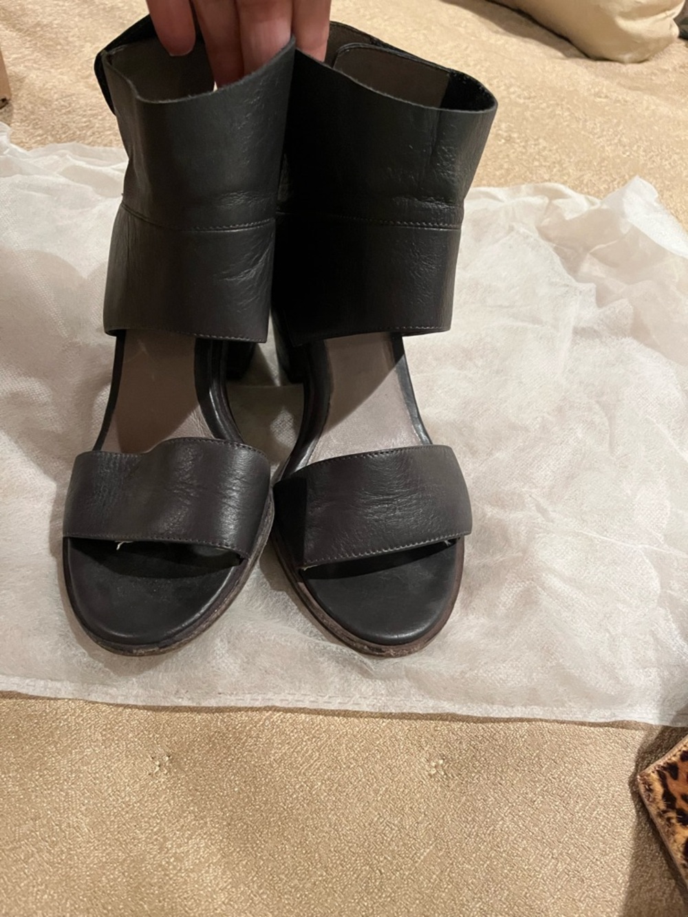 Eileen Fisher grey/ black Leather Open-Front Cuff Mules